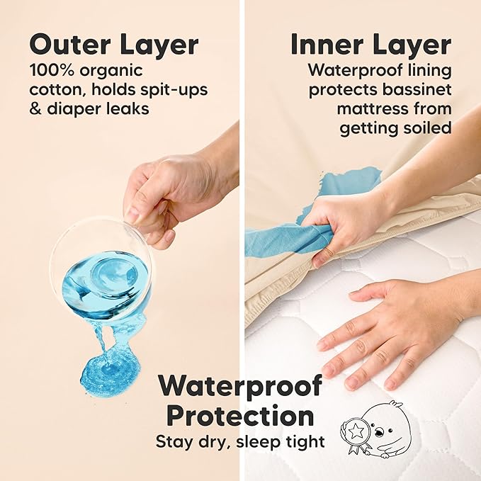 2-pk Waterproof Bassinet Sheets Girls, Boys, Cotton - 33x17 Universal Bassinet Mattress Pad Protector Cover, Compatible with Graco, Baby Delight, Chicco, Halo Bassinest Swivel Sleeper Fitted (Cameo)
