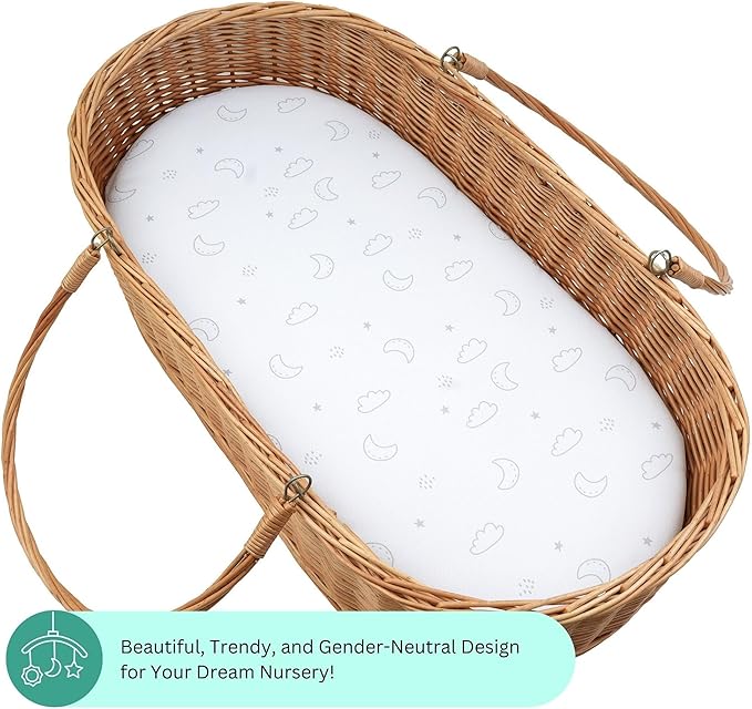 Bassinet Sheets for UPPAbaby Bassinet V3, Graco Modes, DreamMore, SmartSense Soothing, Thule Bassinet, 3 Pack, 16 x 30, Ultra Soft, Breathable, Unisex Boys Girls, Gray (Moon, Stars)
