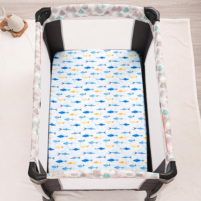 david's kids 3 Pack Mini Crib Sheets, Soft Breathable Premium Pack N Play Sheets for Baby Boys Girls Neutral, Playard and Mini Crib Mattresses, Whale