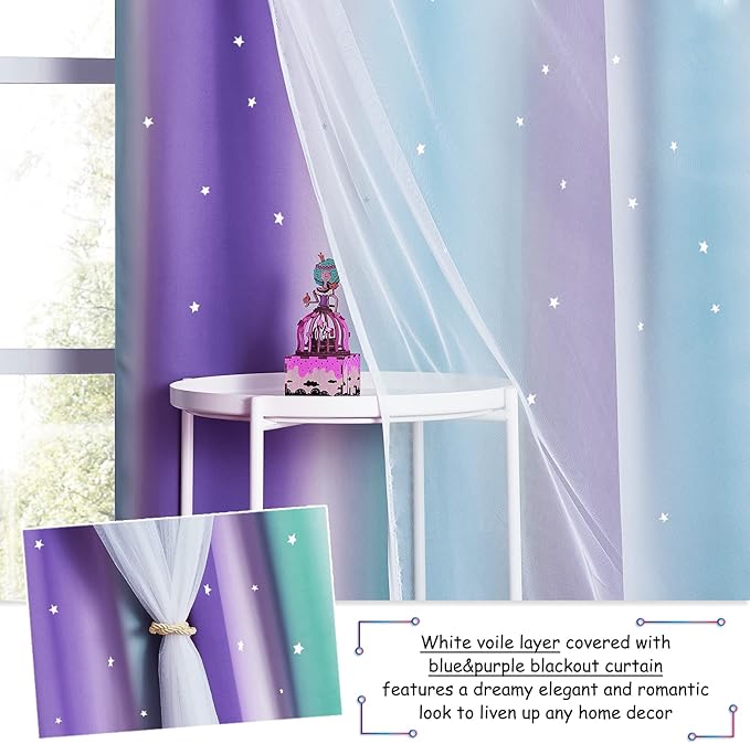 NICETOWN Star Curtains for Girls Bedroom, Mermaid Theme Nursery Decor for Girls, Kids Room/Living Room Mix & Match Sheer Attached to Star Cut Curtain Panels (Teal & Purple, 2 Pieces = W104 x L95)