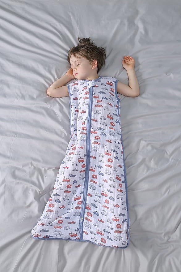 TADO MUSLIN Baby Sleep Sack 12-24 M Baby Wearable Blanket 100% Organic Cotton 0.5 TOG Toddler Sleep Sack 2-Way Zipper Soft Large 4 Layers 1-2 T Car