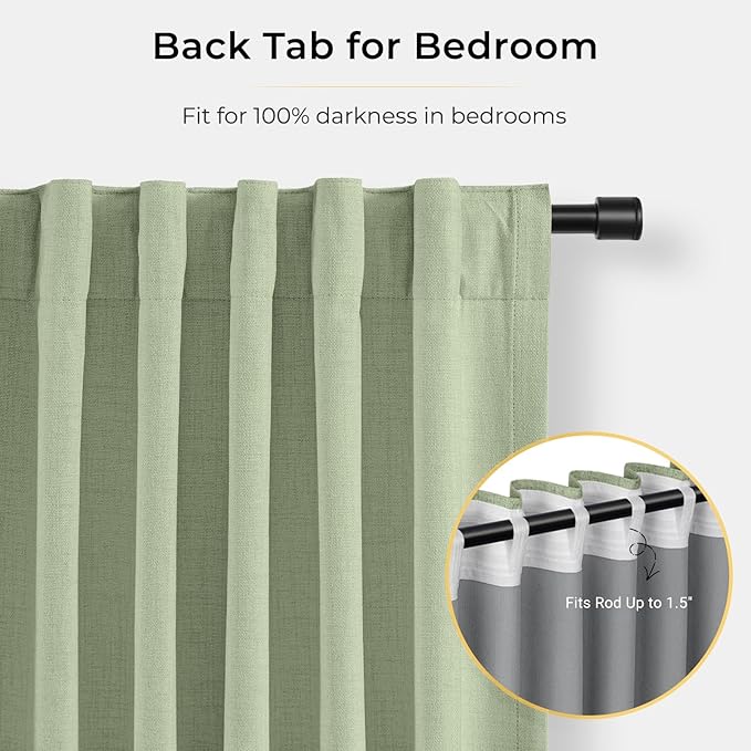 INOVADAY 100% Blackout Curtains for Bedroom, Black Out Curtains 84 Inch Long, Clip Rings Linen Blackout Drapes, Thermal Insulated Room Darkening for Living Room, 1 Panel - Sage,W102xL84