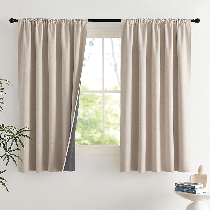 NICETOWN Natural Faux Linen 100% Blackout Curtains, 2 Panels Set, 52 x 63 Inch, Rod Pocket Thermal Insulated Room Darkening Drapes for Bedroom, Living Room, Nursery, Farmhouse Decor, Noise Reducing