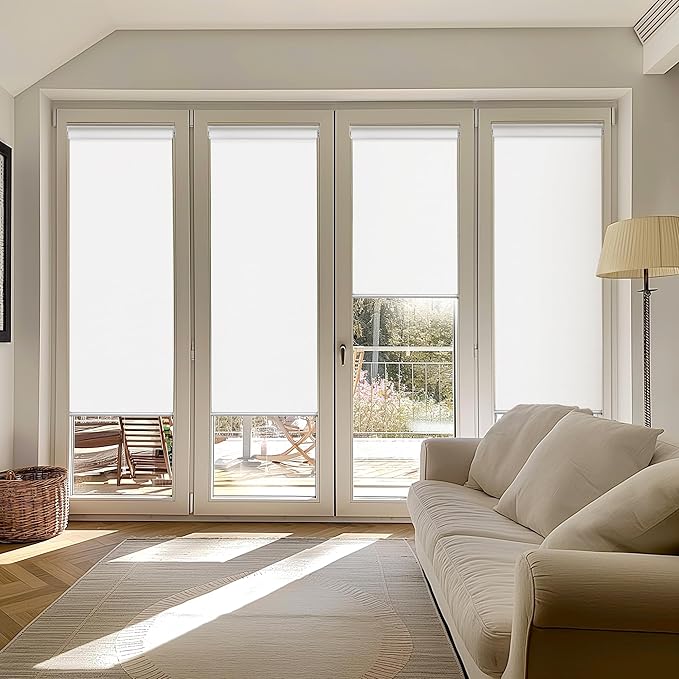 ChrisDowa Cordless 100% Blackout Roller Shade, with Striped Jacquard, Thermal Insulated, UV Protection Fabric, Total Blackout Blinds for Window, French Doors, Home and Office. White, 45" W x 72" H