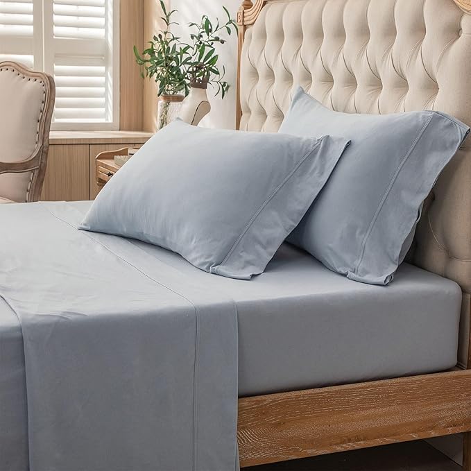 PURE ERA Jersey Knit 3pcs Bed Sheet Set 100% T-Shirt Heather Cotton Super Soft Comfy Breathable Fits Mattress Up to 20" Extra Deep Pocket (Solid Light Blue, Twin XL)