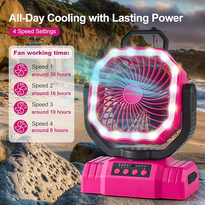 Odoland Portable Camping Fan with LED Lantern, 20000mAh Rechargeable Battery Powered Fan with Auto Oscillation, Timer, Remote, 360° Rotation Hook, 4 Speeds for Power Outage Travel Home, Pink