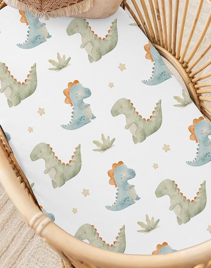 Bassinet Sheets for Baby Girls Boys 2 Pack, Fitted Baby Mattress Sheet for Rectangle, Oval, Hourglass Bassinet Mattress, Breathable Cozy & Universal Fit (Tiny Dinos)