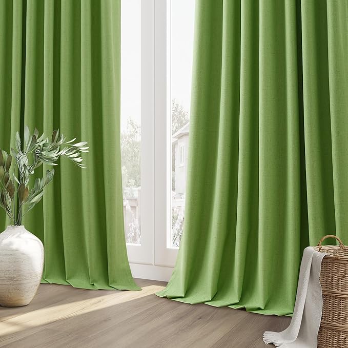 Guken 100% Blackout Curtains 108 Inch Length 2 Panels Set for Living Room Bedroom Back Tab Thermal Insulated Black Out Linen Drapes Room Darkening Lime Green,52x108