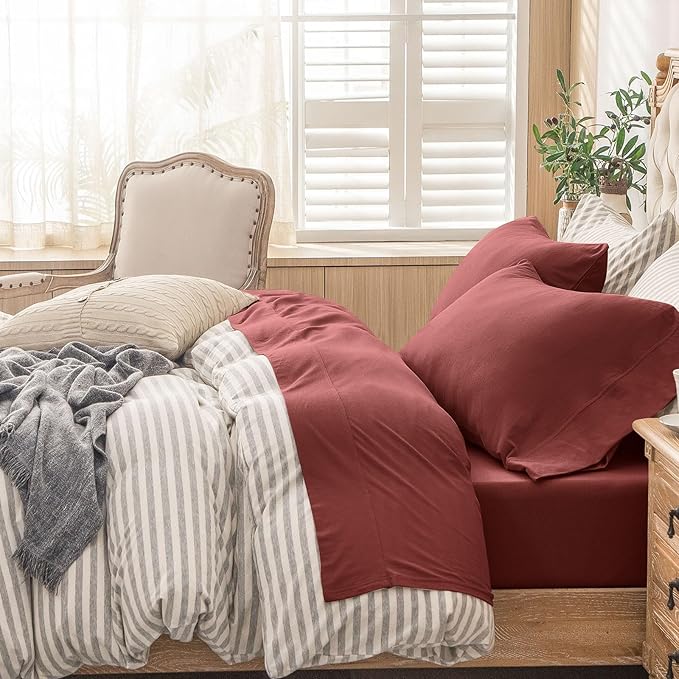 PURE ERA Jersey Knit 4pc Bed Sheet Set 100% T-Shirt Cotton Super Soft Comfy Breathable Fits Mattress Up to 20" Extra Deep Pocket (Solid Brick Red, King)