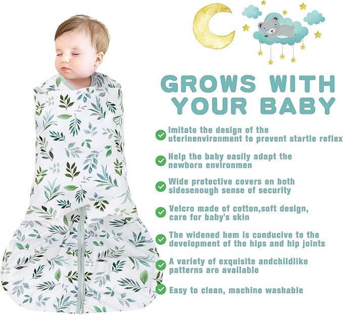 BSTOPPT Newborn Sleep Sack Baby Swaddle,Swaddle me 0-3 Month,3-Way Adjustable Wearable Blanket,100% Rayon Cotton Swaddling Sleeping Bag，TOG 0.5 (Leaf, 0-3 Months)