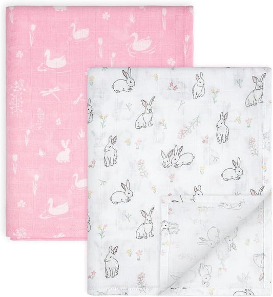 GLLQUEN BABY Muslin Swaddle Blankets Breathable Receiving Blankets (35" x 40") 2-Pack Soft Baby Blankets for Girls and Boys Newborn Essentials Muslin Burp Cloths Swaddle Wrap Gift(Looking for Spring)