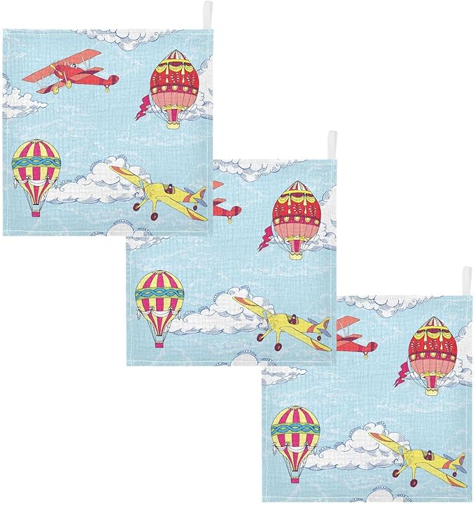 vvfelixl Baby Muslin Washcloths Hot Air Balloons Airplanes Baby Burp Cloths Cotton Baby Face Towel for Newborn Infants Boys Girls Soft and Absorbent 11.8 X 11.8 in, 3 Pack