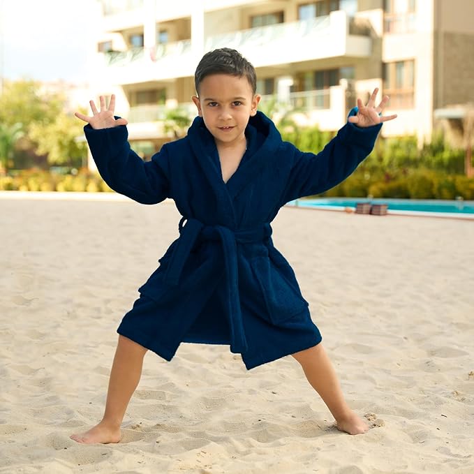 BAGNO MILANO Kids Organic Turkish Cotton Hooded Beach Cover-Up Towel, GOTS Certified, for Boys and Girls (Navy, 13-15 Years)