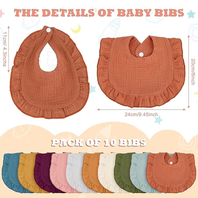 Seematn 10 Pcs Baby Muslin Bibs for Unisex Girls & Boys Drool Bibs Bandana Ruffle Soft Cotton for Newborn Infants Toddlers(Classic Colors)