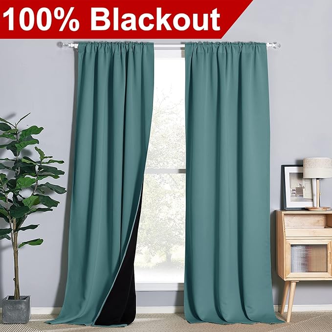 NICETOWN 100% Blackout Blinds, Laundry Room Decor Window Treatment Curtains, Thermal Insulated Energy Smart Drapes and Draperies for Villa, Hall and Studio, Sea Teal, Set of 2, 52 inches x 108 inches