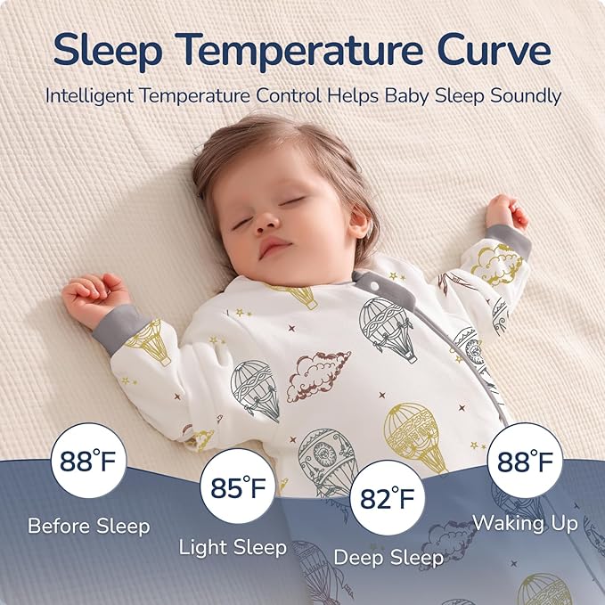 Baby Sleep Sack 3–6 Months, Cotton Sleep Sack with Detachable Long Sleeves, 1.0 TOG Wearable Blanket for Cooler Nights, 2-Way Zipper Toddler Sleeping Sack with Temperature Strip, Hot Air Balloon