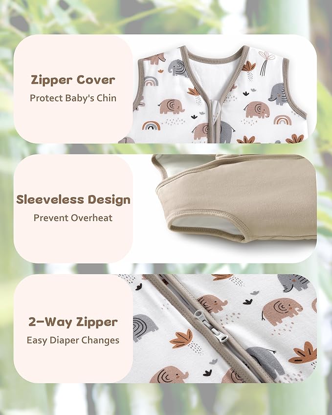 FIEMOL Rayon Made from Bamboo Baby Sleep Sack 6-12 Months, 1.0 Tog Baby Wearable Blanket, Soft Sleeping Bag for Newborn Infant Babies with 2-Way Zipper 2 Pack (Medium) Grey Elephant