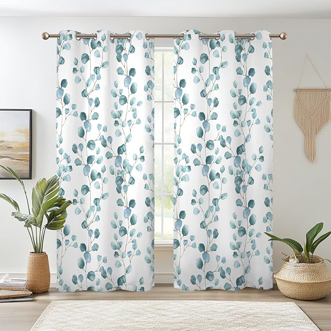 Renaiss Eucalyptus Leaf Curtains Green Eucalyptus Print Blackout Window Drapes for Bedroom Botanical Grommet Top Thermal Insulated Window Curtains for Living Room 42W x 96L 2 Panel Set