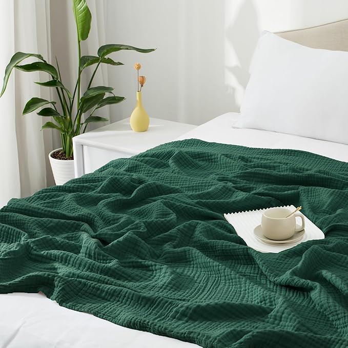 Carriediosa 100% Cotton Muslin Throw Blanket 50" X 70" Throw XL Size，4-Layers Summer Gauze Throws for Bed Couch，Soft Lightweight Breathable Linen Blankets Bedspread for Adults All Season，Dark Green