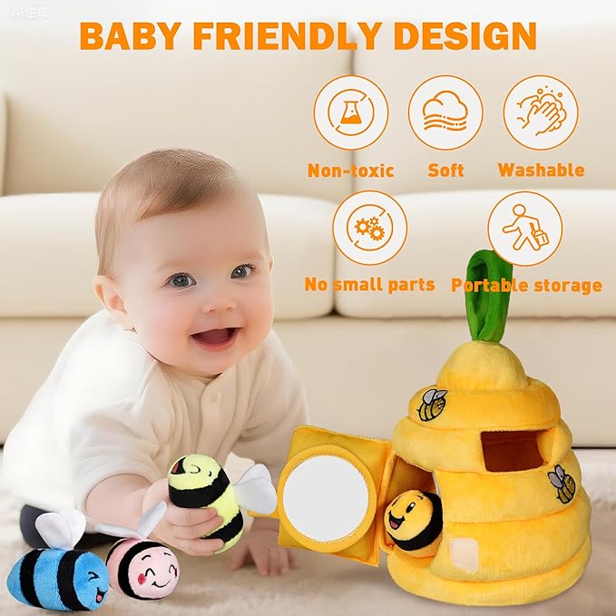 Baby Toys 6-12 Months, Plush Beehive with 4 Sensory Bees, Map Pad, Rattle, Crinkle Paper, Squeaker, Mirror, Montessori Toy for 6 7 8 9 10 11 12 Month Old, Infant Toys Baby Valentines Day Gifts
