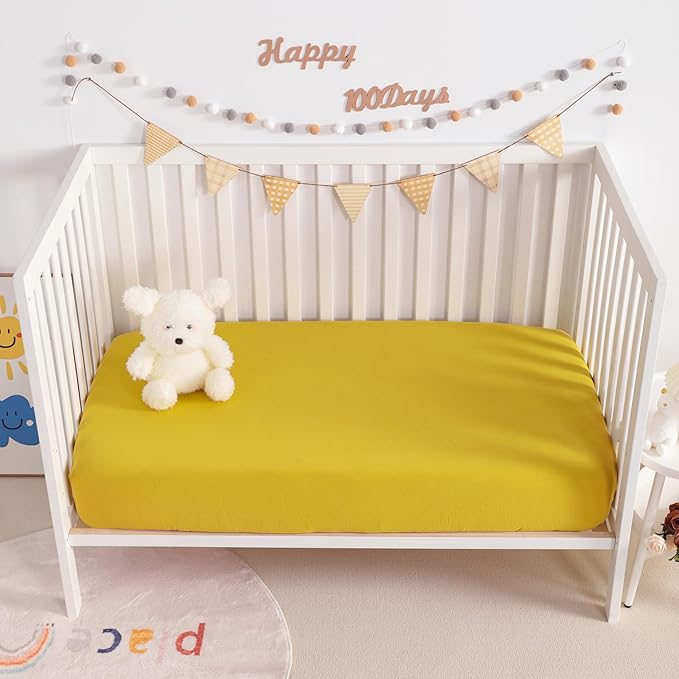NTBAY 2 Pack Muslin Cotton Mini Crib Sheets, Soft and Breathable Double Layer 24x38 Baby Crib Sheets for Mini Crib and Toddler Mattresses, Boys, Girls, Unisex, Ginger Yellow, 24x38 Inches