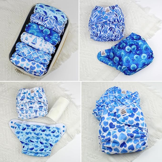 Mama Koala 3.0 Cloth Diapers for Babies with AWJ Lining, 6 Pack with 6 Natural Cloth Diaper Inserts - Reusable and Washable Pocket Diapers (Blue Romance)