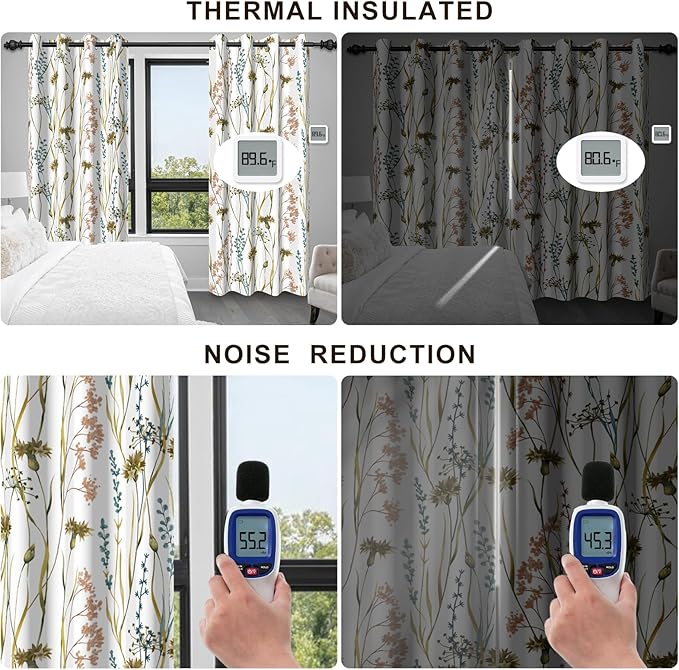 Floral Blackout Curtains for Bedroom and Living Room, Black Out Window Curtains 84 Inch Long 2 Panels Set, Grommet Room Darkening Soundproof Privacy Thermal Insulated Blackout Curtains for Winter