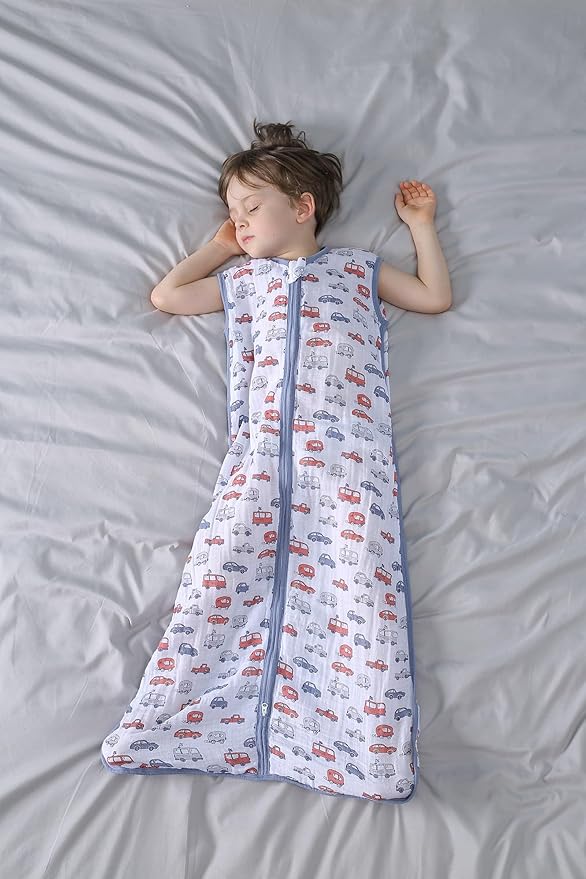 TADO MUSLIN Baby Sleep Sack 0-6 Months Wearable Blanket for Babies 100% Organic Cotton 2-Way Zipper YKK 0.5 TOG Toddler Sleeping Sacks Cars