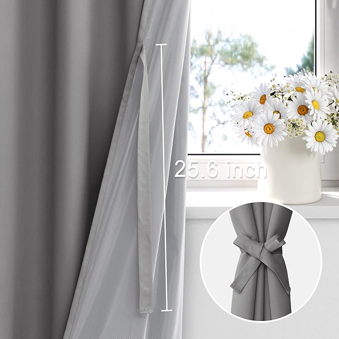XWZO 100% Blackout Curtains with Tiebacks- Privacy Protection & Noise Blocking Window Draperies Extra Wide Grommet Top with Black Liner for Bedroom/Living Room, Grey, W70 x L84, Set of 2