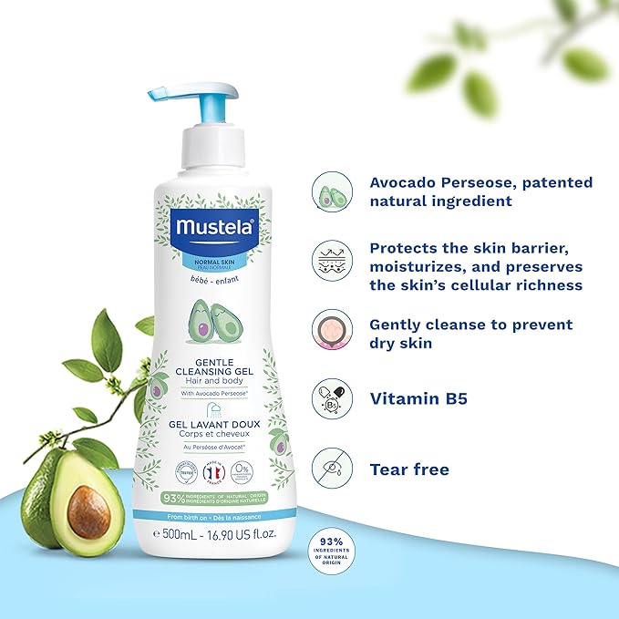 Mustela Baby Gentle Cleansing Gel - Baby Hair & Body Wash - with Natural Avocado fortified with Vitamin B5 - Biodegradable Formula & Tear-Free ââ‚¬â€œ 16.90 Fl Oz (Pack of 2)