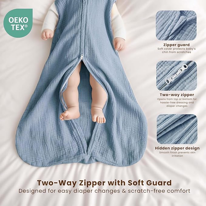 Konssy Muslin Baby Sleep Sack 12-18 Months 0.8 TOG, 2 Pack 100% Cotton Wearable Blanket for Babies, 2-Way Zipper Breathable Sleeping Sack Infant Toddler Essentials for Girls and Boys (Star, Blue)