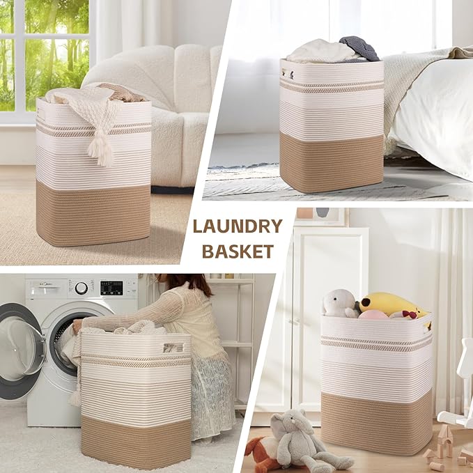 Laundry Basket, Large Woven Rope Tall Laundry Basket with Handles, Decorative Storage Basket for Clothes and Blankets in Living room, Bedroom