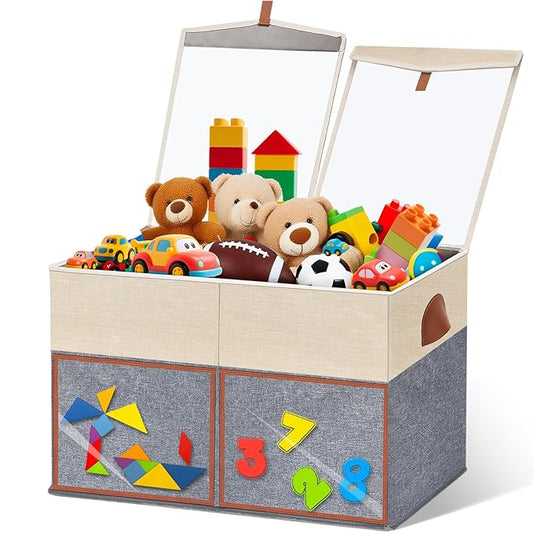 1 Pack Large Toy Storage Box with Clear Lids Collapsible Toy Organizer Chest with Adjustable Dividers Kids Storage Bin Basket for Boys Girls Living Room Nursery Playroom Closet Beige and Grey