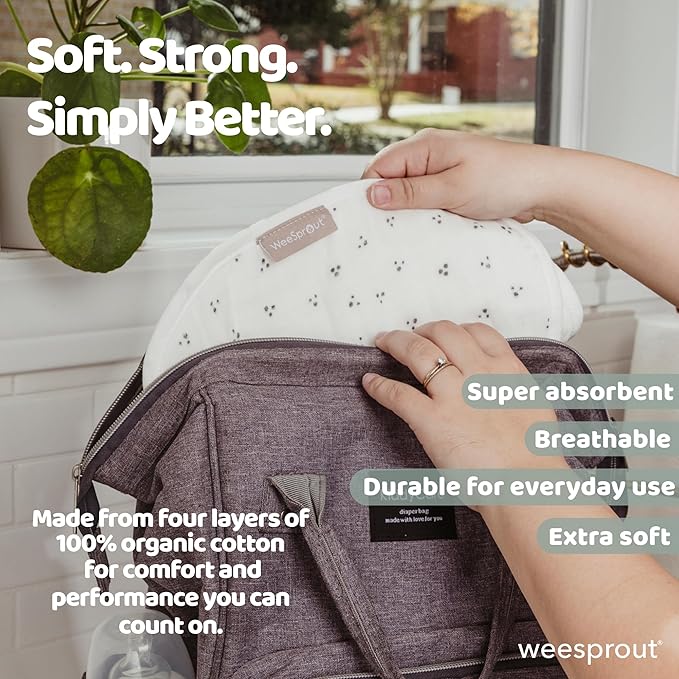 WeeSprout Unisex Organic Towel Cotton Burp Cloths, Set of 4, Four Ultra-Absorbent Layers Keep Clothes Dry, Button Transforms into Baby Bib, Machine Washable & Dryer Safe (White Set, Full)