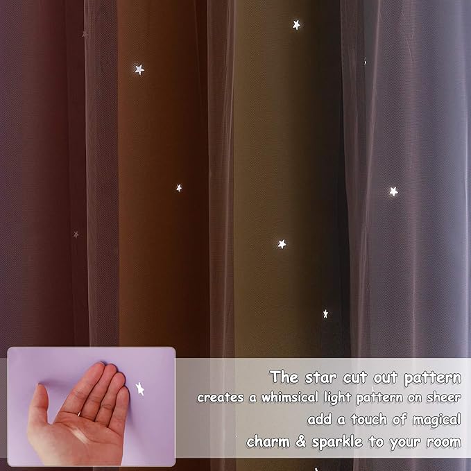 NICETOWN Rainbow Curtains for Baby, Kids Room Decor for Girls, Starry Drapes Overlapped with Tulle, Romantic Princess Decor for Girls (1 Pair = 104 inches Wide, Rainbow-3, 4 Tiebacks Included)