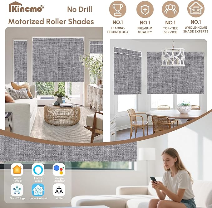 Kincmo No Drill Motorized Blinds with Remote, 100% Blackout Roller Shades for Windows, Custom Electric Blinds Compatible with Alexa, Apple Homekit, Google Home (100% Blackout Dual Sided Dark Grey)