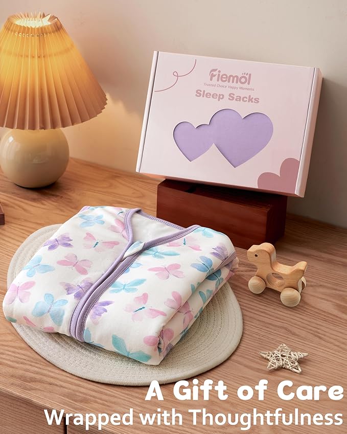 FIEMOL Rayon Made from Bamboo Baby Sleep Sack 18-24 Months, 1.0 Tog Baby Wearable Blanket, Soft Sleeping Bag for Infant Toddler Babies with 2-Way Zipper 2 Pack (X-Large) Purple Butterfly