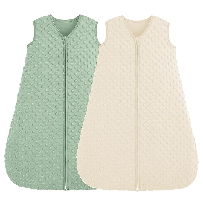 FIEMOL Fleece Baby Sleep Sack 0-6 Months, 1.5 TOG Cotton Baby Wearable Blanket With Soft Plush Dots, 2 Pack Newborn and Infant Warm Sleeping Sack with 2-Way Zipper Beige&Green
