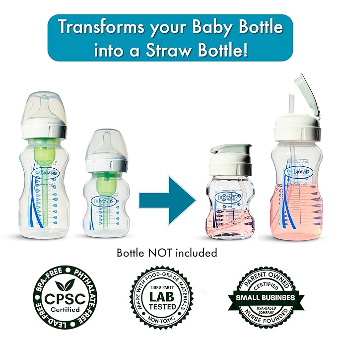 Flip Top Straw Lid for Dr. Brown's Natural Flow Anti-Colic Options+ Wide-Neck Baby Bottles, 2-Count, Cleaning Brush, Food Grade Silicone, BPA-Free, Spill-Proof, Converts to Straw Bottle, 6+ Months