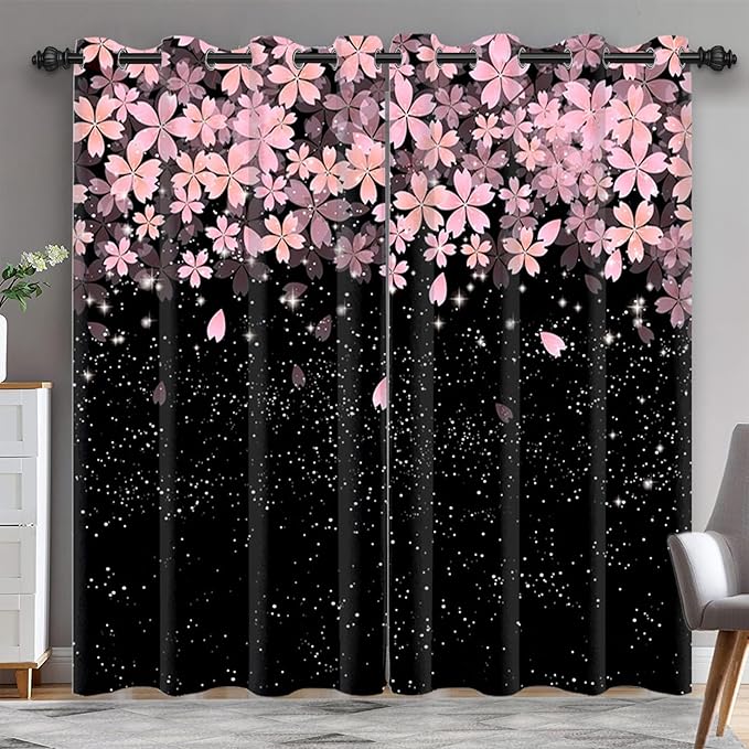 Renaiss Pink Cherry Patels Blackout Curtains, Japanese Cherry Flowers Thermal Insulated Bedroom Window Curtains, Black Floral Bossom Window Drapes for Living Room, 96" L x 42" W 2 Panel Set