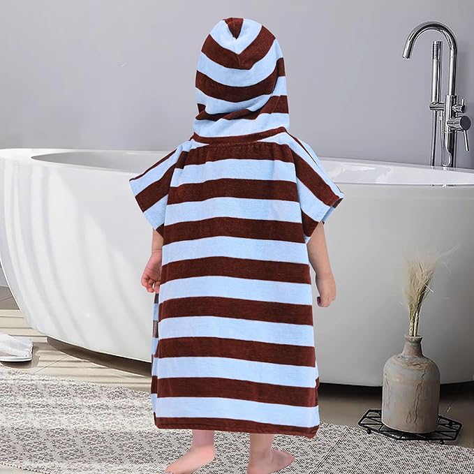 Toddler Bath Towels with Hood, Oversized (2-4Years,22"X22") Made from 100% Soft Cotton,Absorbent Hooded Poncho Towel for Baby Boy,Perfect for Pool | Swimming | Bath | Beach,Brown Blue Stripe