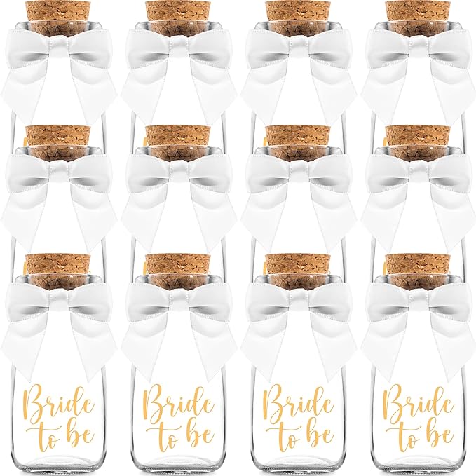 Ethisa 12 Pack Bride To Be Party Favors - Vintage Glass Bottles with Ribbons and Stickers - Bridal Shower Favors for Guests and Table Centerpieces Decorations - Sturdy Bachelorette Theme Candy Jar