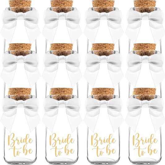 Ethisa 12 Pack Bride To Be Party Favors - Vintage Glass Bottles with Ribbons and Stickers - Bridal Shower Favors for Guests and Table Centerpieces Decorations - Sturdy Bachelorette Theme Candy Jar