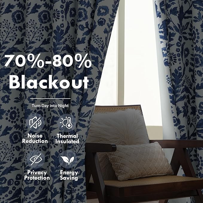 DriftAway Julia Watercolor Blackout Room Darkening Lined Thermal Insulated Energy Saving Window Curtains 2 Layers 2 Panels Each Size 52 Inch by 84 Inch Navy