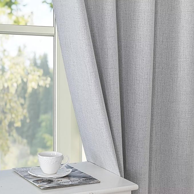 100% Blackout Curtains 108 inch Length 2 Panels Faux Linen Long Drapes for Bedroom Living Room Black Out Room Darkening Curtain Thermal Insulated Back Tab Rod Pocket(W52 x L108, Greyish White)