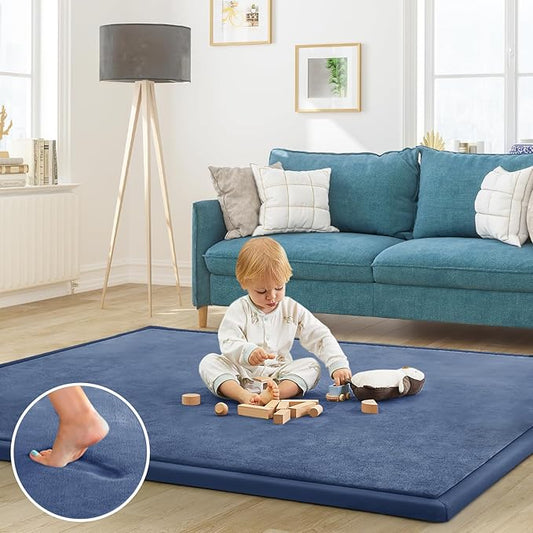 Baby Play Mat for Floor Tummy Time Mat Nursery Muscle Area Rug Playroom Rug Tatami 47"x47" Memory Foam 1.3" Thick Crawling For Babies,Toddlers, Infants, Kids,Floor(Blue)