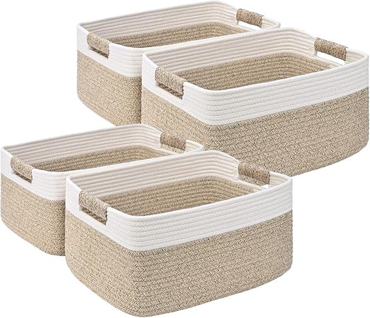 4 Pack Large Storage Basket for Organizing, 17.5"x13.5"x7.5" Woven Basket for Shelves, Closet Cube Storage Bins with Wrapped Handle, Cotton Rope Baskets for Kitchen, Clothes, Toys(Off White & Brown)