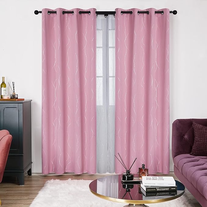 Deconovo Pink Curtains, Blackout Drapes, Thermal Insulated Soundproof Curtain, Silver Wave Dot Print, 52 x 108 Inch Long, Machine Washable Window Panels for Girls Bedroom Living Room Nursery, Set of 2
