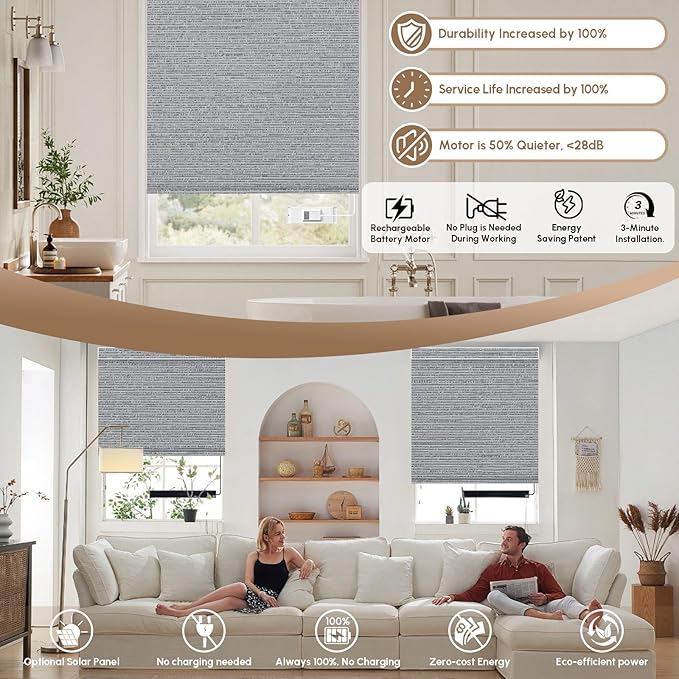 Kincmo No Drill Motorized Blinds with Remote, 100% Blackout Roller Shades for Windows, Custom Electric Blinds Compatible with Alexa, Apple Homekit, Google Home (100% Blackout Elegant Grey)