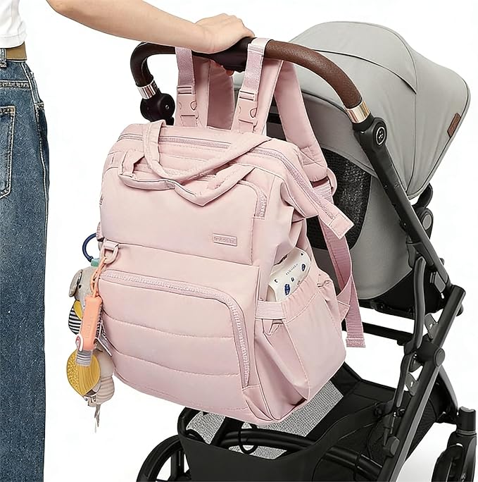 BELALIFE Baby Diaper Backpack Bag, Baby Essentials Travel Backpack for Moms Dads, with Changing Pad, Insulated Bottle Holders & Stroller Straps, Pink